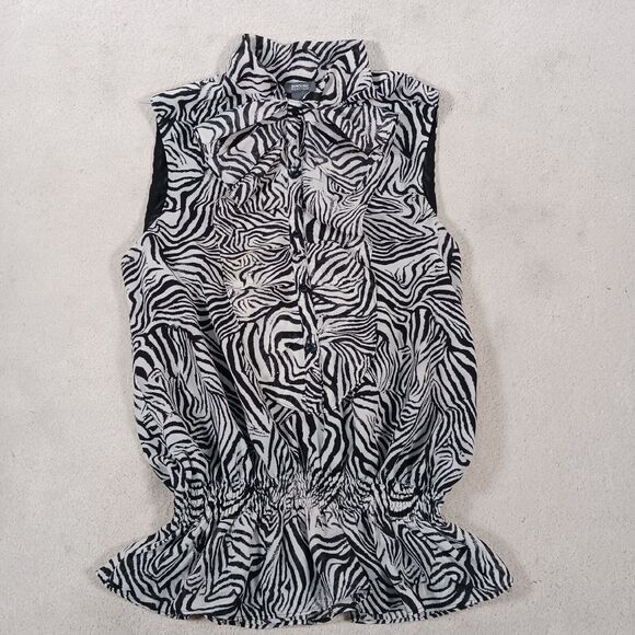 Kenneth Cole Reaction Brack & White Zebra Strip Sleeveless Blouse Flounce - Picture 3 of 5